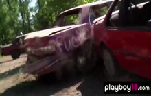 Nude badass asian babe Julri Waters and her GFs racing on demolition derby